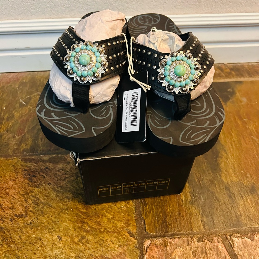 Montana West Black Sandals with Turquoise Accents